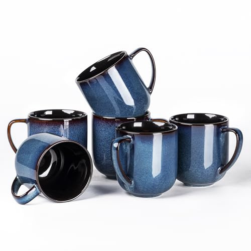 LERATIO 12OZ Ceramic Coffee Mugs Set of 6, Large Porcelain Coffee Cups With Large Handle For Latte,Cappuccino,Milk,Cocoa,|Dishwasher&Microwave Safe Mug Sets,Ideal for Man,Woman,Dad, Mom-Blue