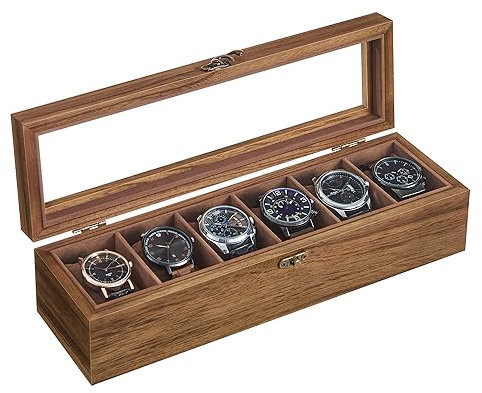 SONGMICS Uhrenbox mit 6 Fächern, Uhrenkasten aus Massivholz, mit Glasdeckel, Uhrenkissen, Geschenk für Ihre Liebsten, weihnachten, walnussfarben JOW006K01