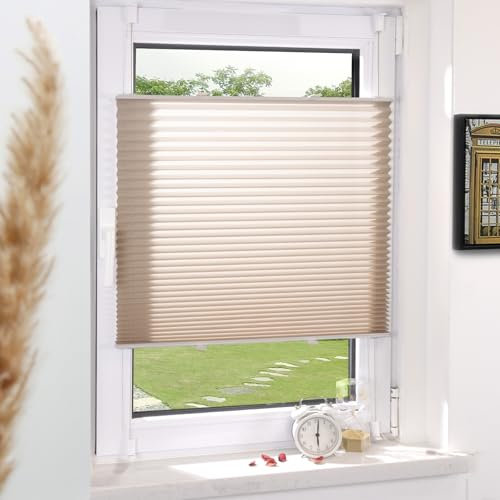 Grandekor Plissee Klemmfix ohne Bohren Beige 35x100cm(BxH) Plissees lichtdurchlässig Blickdicht Jalousien ohne Bohren Fensterrollo Klemmrollos Sonnenschutz Sichtschutz Faltrollo Rollos für Fenster