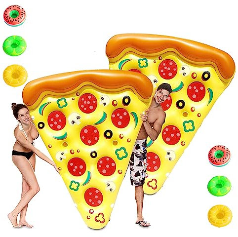 Pool Floaties, Pizza Kids Pool Float, With 3/6 Pack Inflatable Drink Holders Inflatable Pizza Slice For Pool For Kids And Adults,2PCS