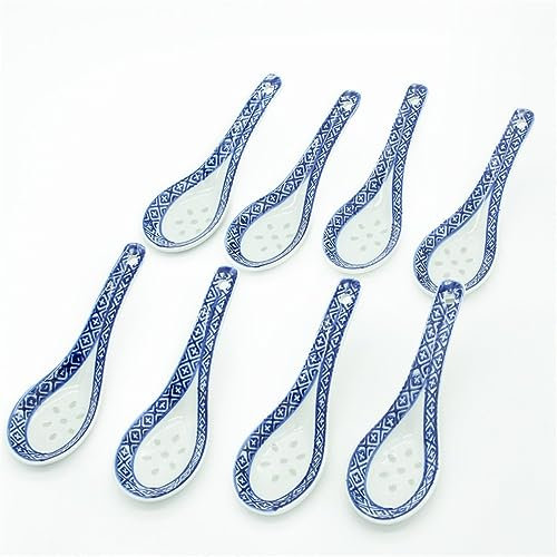 Juego de 8 cucharas de sopa chinas de porcelana azul y blanca, para Syndecho
