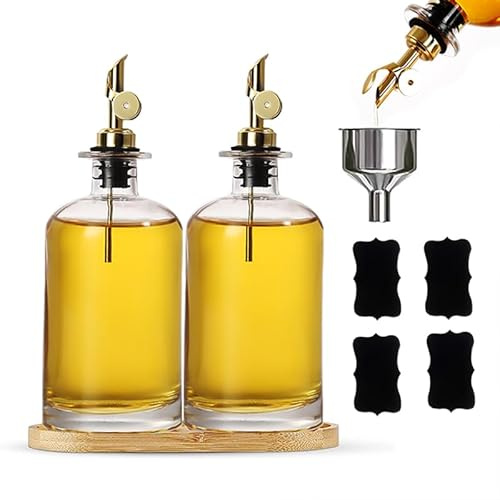 HNJZX Olivenöl-Spenderflasche für Küche, kostenloser Ausgießer und Trichter, 4 Etiketten, Öl- und Essigspender-Set, Ölflasche zum Kochen, Glasbehälter, 350 ml, 2 Stück