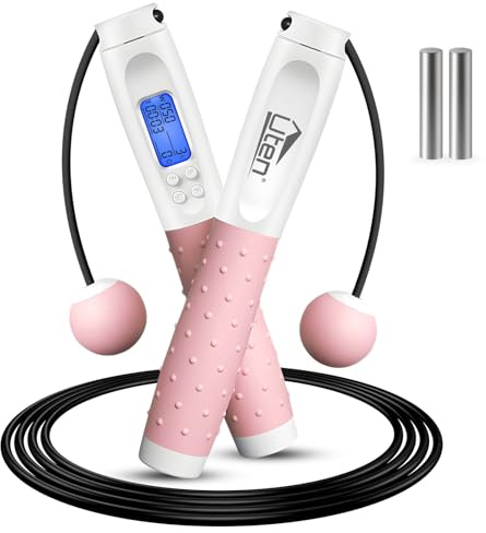 Uten Cuerda para Saltar, con Temporizador y Contador de Calorías, Cuerda para Saltar Inalámbrica, Longitud Ajustable, 3m, Mango Antideslizante, para Fitness, Entrenamiento (blanco rosa)