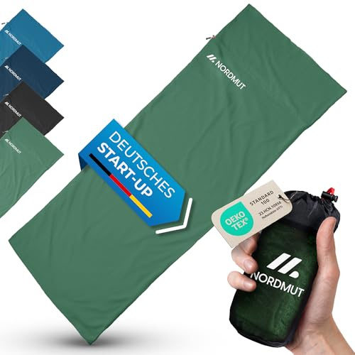 NORDMUT® Hüttenschlafsack Ultraleicht aus Mikrofaser oder Baumwolle - Reiseschlafsack atmungsaktiv kleines Packmaß & besonders weich inkl. Kissenfach