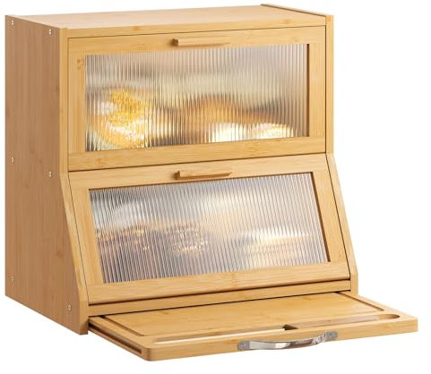 GHWIE Panera de bambú para encimera de cocina, contenedor de almacenamiento de pan de gran capacidad con tabla de cortar, natural