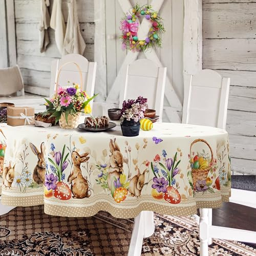 Yighty Ovale Oster-Tischdecke, 152,4 x 213,3 cm, Frühlingsblumen- und Hasen-Ostereier, Aquarell-Tischdecke, wasserdicht, knitterfrei, für Urlaub, Küche, Esszimmer, Frühling, Ostern