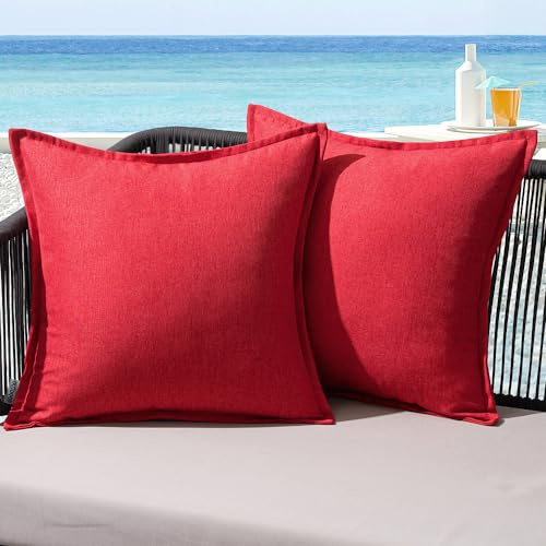 MIULEE Outdoor Kissen Wetterfest Kissenbezug Wasserdichter Dekorative Kissenbezüge Leinen-Optik Sofakissen Dekokissen für Garten Sofa Couch Wohnzimmer Schlafzimmer 2er Set 45x45cm Rot