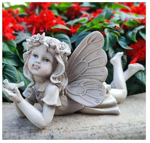 MeritMode Fairy Flower Garden Outdoor Statue - Angel Holding Bird and Butterfly, 11 Width, Cherub Decor and Grandma Gifts, Patio and Yard