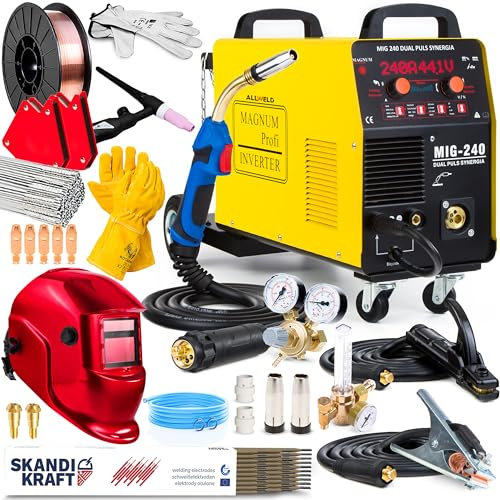 Magnum MIG 240 DP - Soldador inverter con Gas de 240 A - Sinergia y Alimentador de Alambre de 4 Rodillos - Soldadura: MIG, MAG, TIG y MMA - Tecnología IGBT - Set Professional