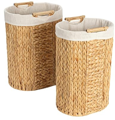 Household Essentials Handwoven Water Hyacinth Oval Hamper Set with Cotton Lining, Natural, Set of 2