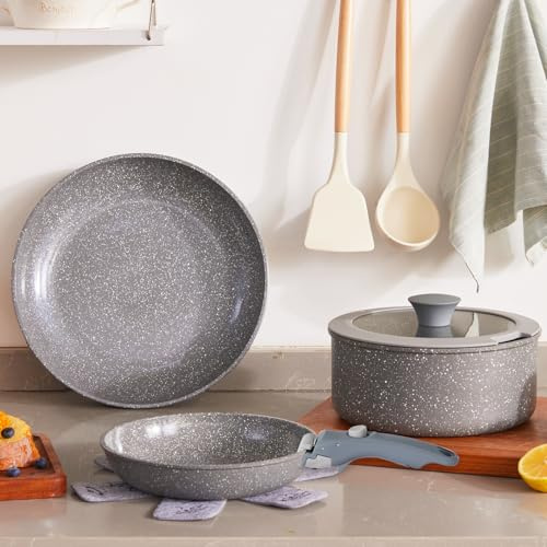 Vkoocy Juego de ollas y sartenes antiadherentes grises con mango extraíble, juego de utensilios de cocina de cerámica con mango desmontable, 5 piezas de ollas apilables de inducción, apto para