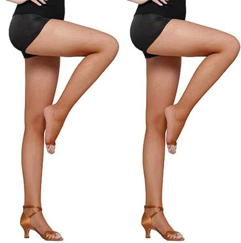 K BKVAVA Women's 2 Pairs Open Toe Dance Fishnet Tights Toeless High Waisted Mesh Small Net Pantyhose,Caramel