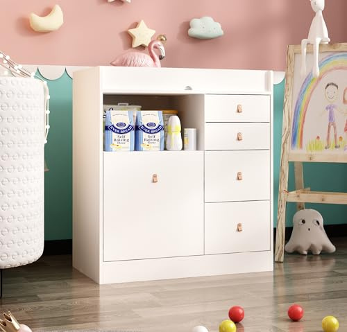 PREMTURE Wickeltisch mit 4 Schubladen und 1 Schrank, Wickelkommode, Wickeltisch mit offenem Regal, MDF, Weiß 85 x 94 x 38 cm