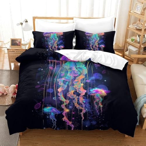 Lorolivier Jellyfish Set Di Biancheria Da Letto Stampato in 3D Con Federa, Fodera Per Piumino Da Con Chiusura A Cerniera, Microfibra Morbida Adatto A Bambini Adulti King（220x240cm）