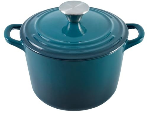 Flavehc Olla holandesa con tapa, 1.8 cuartos de galón de hierro fundido para hornear pan, olla de arroz de hierro fundido esmaltado cian oscuro con asas