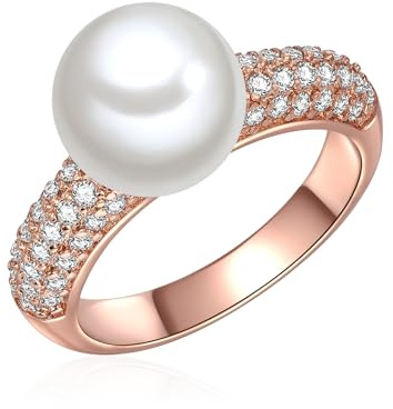 Lulu & Jane Damen Ring Messing roségold | rosévergoldet 14 Karat, Perlenring, Zirkonia, weiß, Muschelkernperle, ca. 10,0 mm, weiß, rund
