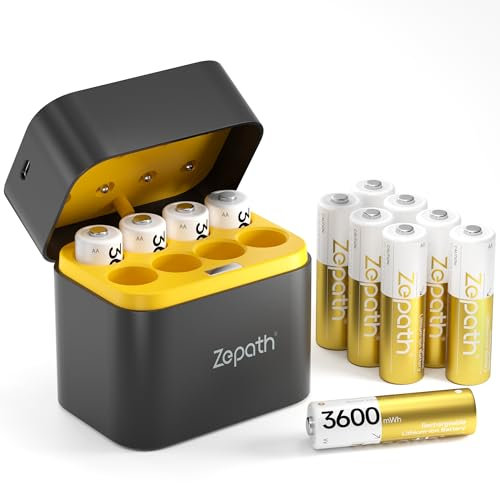 Zepath Lot de 12 piles au lithium AA rechargeables avec chargeur, 3600 mWh haute capacité 1,5 V, piles AA Li-ion rechargeables longue durée avec boîte de rangement intégrée