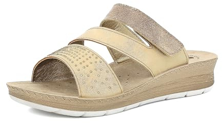 inblu Femme Ciabatte Donna A Fasce Con Chiusura A Strappo Regolabile E Strass, Plantare in Vera Pelle Sandale Glissante, Sable, 40 EU