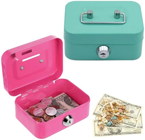 Lot de 2 petites caissettes à monnaie 11,5 x 8,5 x 5 cm - Petit coffre-fort pour enfants - Avec 2 clés - Verrouillable - Convient pour coffre-fort, caisse à pourboires et caisse à monnaie (vert + rose