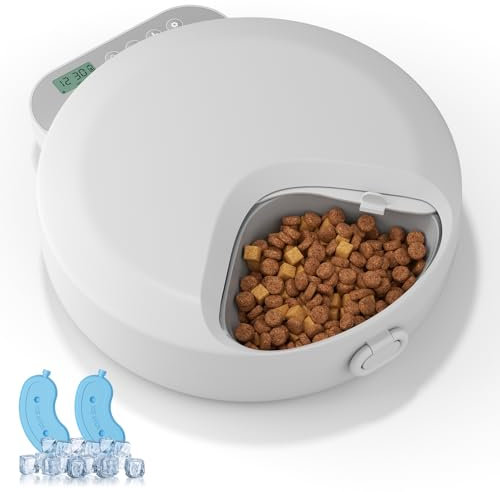 Tieker Automatischer Katzenfutterautomat Nassfutter für Katzen, Katzennassfutter Smart Pet Feeder, Pet Feeder Automatisch mit digitalem Timer, Auto Katzen füttern mit 2 Eisbeutel, 4 Portionen (je 240