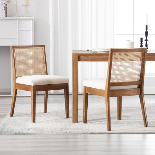 DAYALANE Lot de 2 Chaise de Salle à Manger avec Dossier en Rotin Chaise de Cuisine Scandinave en Bois Chaises Salon avec Coussin en Lin, Beige
