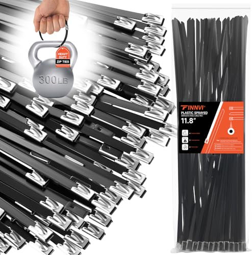 Black Metal Zip Ties Heavy Duty 11.8 inch for Outdoor Use, Stainless Steel Epoxy Coated Cable Chain Link Fence Zip Ties, Durable Metal Wire Ties Strap UV Resistant (100)