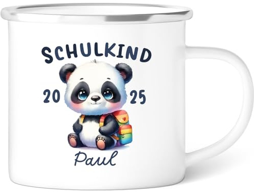 GRAVURZEILE Emaille Tasse für Kinder - Schulkind Panda Blau - Personalisiert mit Namen - versch. Motive - 300 ml - Trinkbecher für Kinder - Geschenk zur Einschulung für Jungen & Mädchen