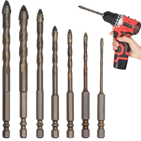 7 pcs punte eccentriche per punte trapano muro, set di punte trapano metallo per piastrelle in lega per cemento, vetro, Powerbit,set punte trapano per trapano per legno e cemento per casa e artigiani