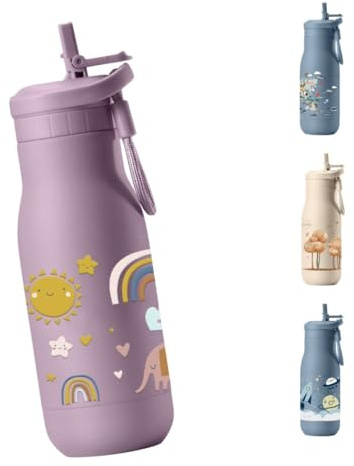 Trinkflasche Edelstahl für Kinder ab 3 Jahre – auslaufsicher, doppelwandig, BPA-frei, Thermosflasche für Schule & Kindergarten, Rosa/Regenbogen & Häschen | JENARD®