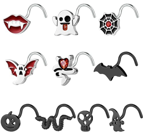 BodyAce Halloween Nose Ring Black Nostril Rings 20G Nose Studs Stainless Steel Nostril Stud L Shaped Bat Nose Piercing Skulls Pumpkins Halloween Jewellery [A:Screw]
