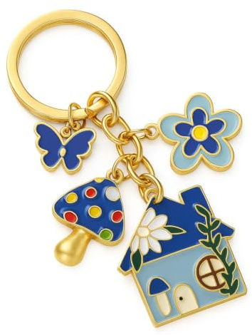 Porte-Clés Maison, Portes-Clé Nature de Sac Pour Femmes | Cadeaux de Porte-Clé Mignon avec Fleur de Papillon Bleu et Champignon pour Étudiants Amies Filles