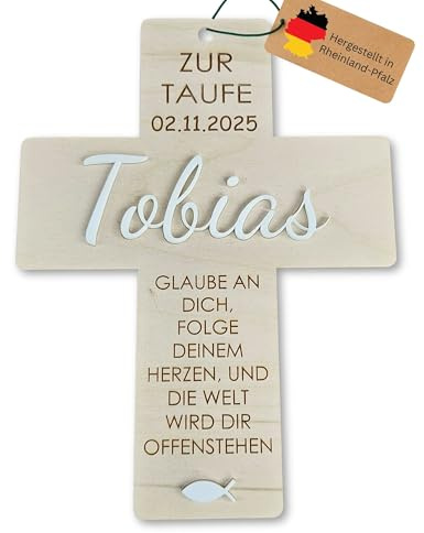 mamir home Taufgeschenk personalisiert Kreuz 15x20 cm aus Holz | mit Namen & Datum | 3D Holzkreuz mit Fisch | Taufgeschenk personalisiert Mädchen & Junge (Taufkreuz mit 3D Name Birke)