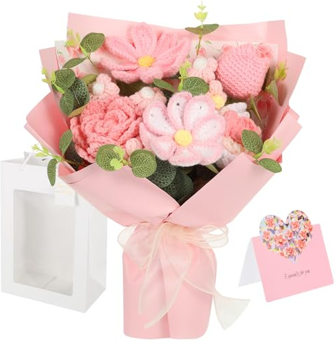 Crochet Flower Bouquet Hand Knitted Flowers Pink Crochet Bouquet Tulips with Greeting Card for Anniversary Wedding Birthday Mother's Day and Graduation Gifts