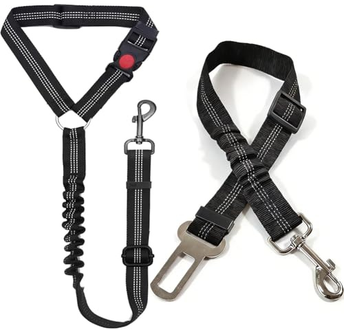 Dog Seat Belt for Car,2 Packs Adjustable 4-in-1 Dog Car Seatbelt Leash with Hook & Buckle,Elastic Bungee Reflective Vehicle Car Headrest Restraint Tether for Small Medium Large Dogs Pet
