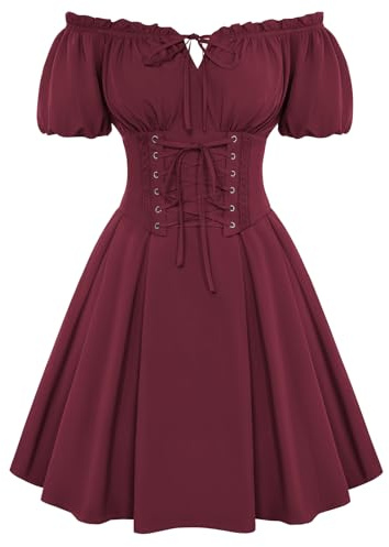 SCARLET DARKNESS Women's Corset Dress Off Shoulder Short Puff Sleeve with Belt Smocked Renaissance Dress Wine XL