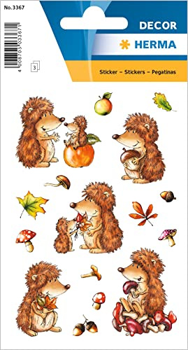 HERMA 3367 Stickers Hedgehog Small Large, 48 Pieces, Animal Stickers with Autumn Motif, Children's Labels for Photo Album, Diary, Poetry Album, Scrapbooking, Birthday Decoration, Letters, DIY Crafts
