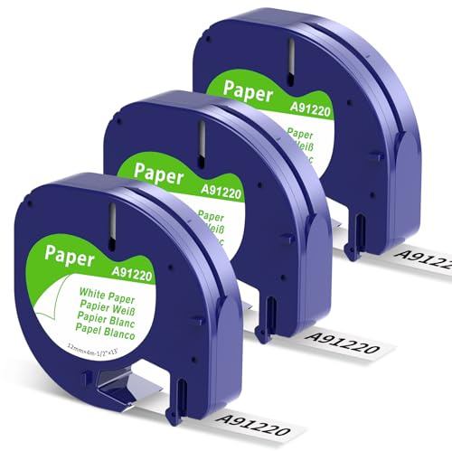 Aken A91220 Band Kompatibel mit Dymo Letratag Paper White 12mm x 4m | White Paper 91220, Kompatibel mit Dymo Etikettenband Papier Weiß für Letratag LT-100H LT-100T 200B XR