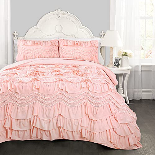 Lush Decor, Kemmy Quilt, set di biancheria da letto con volant testurizzato, 3 pezzi, per letto matrimoniale queen, pesca/rosa cipria