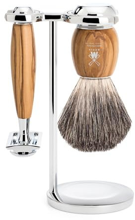MÜHLE Vivo Rasierset - Rasierhobel, Rasierpinsel mit reinem Dachshaar und Halterung - Griffe aus edlem Olivenholz