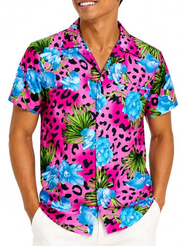 King Kameha Camicia Hawaiana Uomo Vintage a Maniche Corte, Leopard-Flowers, Rosa, XL