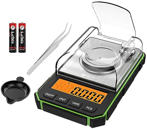 Brifit Feinwaage 0.001g, 50g /0,001g Digital Briefwaage, Digitalwaage mit LCD-Anzeige, Goldwaage, Münzwaage, Schmuckwaage mit EIN 50g Edelstahl Kalibriergewicht, Pinzetten und Wiegeschale (Grün)