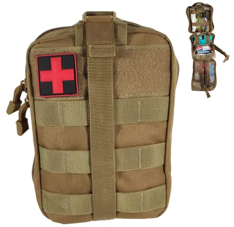 Trousse de Premiers Secours compléte militaire Kaki,compacte,légére,Pratique ASSEMBLEE EN FRANCE +3 tire tiques Se fixe à la ceinture Conçu pour toutes activités randonnée,voyage airsoft