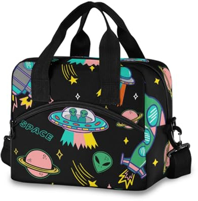 OREZI Insulated Lunch Tote Bag for Adult Men Women,UFO Aliens Spaceship Planet Kid's School Lunchbox with Detachable Shoulder Strap for School Office Fishing