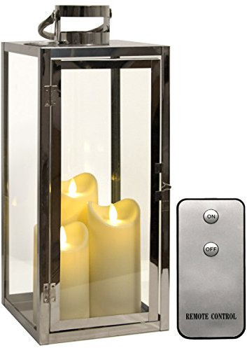 Dekovita Edelstahl-Laterne Set - 50cm Gartenlaterne mit 3 Outdoor LED Kerzen in Creme-Weiß 13/15/18 cm Timer Fernbedienung