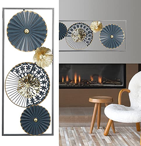 Cepewa Wanddeko 3D-Optik zum Aufhängen │ Motive Blüten Blumen Metall blau/schwarz/gold B60xT3,8cm │Wandskulptur horizontal vertikal (1 x Wanddeko Alexia)