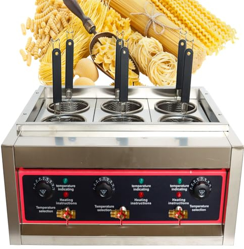 PreAsion 220V Commercial Pasta Cooker with 6 Noodle Filter Electric Pasta Cooking Machine Multifunctional Pasta Warmer Noodles Cooker 6KW for Cooking Dumplings NoodlesVegetables 30-110℃