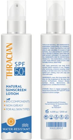 Lozione solare SPF 50+ naturale (ingredienti bio) Thracian ipoallergenica, non unge, protegge dal sole tutti i tipi di pelle, burro cacao, senza sostanze chimiche, contenitore 200 ml con erogatore