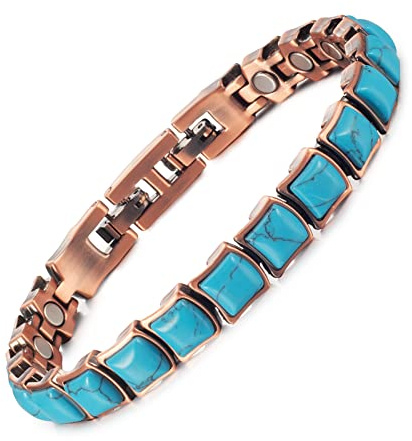 Magnetisches Kupferarmband für Damen mit türkisblauen Halbedelsteinen - 20 cm - Valentinstagsgeschenk - Muttertagsgeschenk