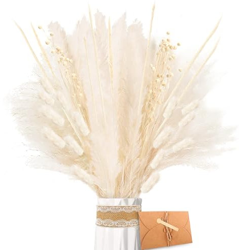 ZJTAPE Pampas Grass Dried - Natural Dried Flowers, White Pampas Grass Fluffy Fronds, Reed Grass, Bunny Tails Bouquet for Wedding Table Living Room Vases Boho Home Decor