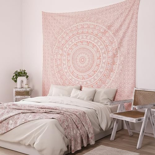 Craft Trade Mandala Rosa Wandteppich Indische Wandtuch Tapestry Wandbehang Boho Wandteppiche für Heimdeko Wohnzimmer und Schlafzimmer - 213 x 228 cm